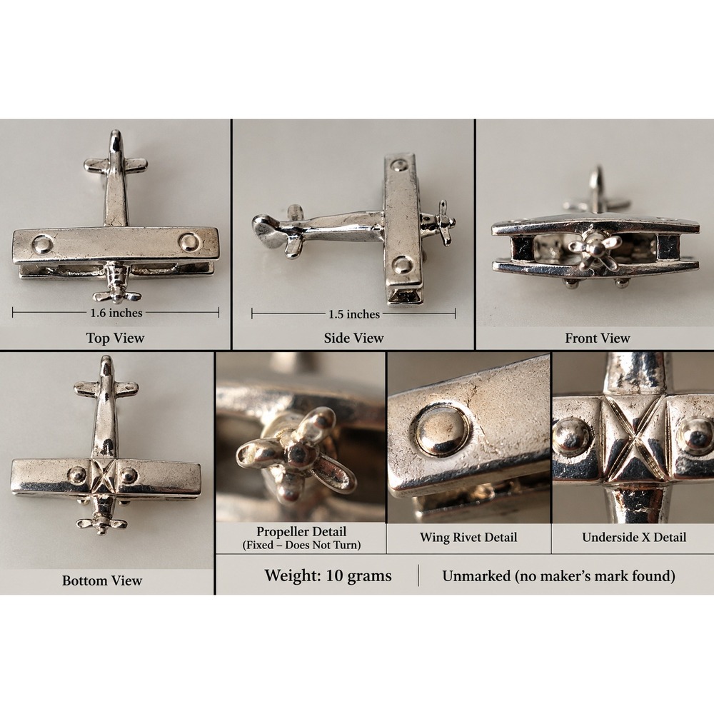 Vintage Miniature Propeller Airplane Figurine Silver Tone Metal 1.6 10g Unmarked